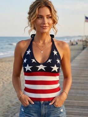 Multi Navy Red American Flag Halter Knit Top T-Shirt Stars Patriotic Summer S